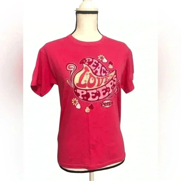 Y2K Pink Peace Love Peeps Graphic Baby Tee Size Large - Picture 1 of 2
